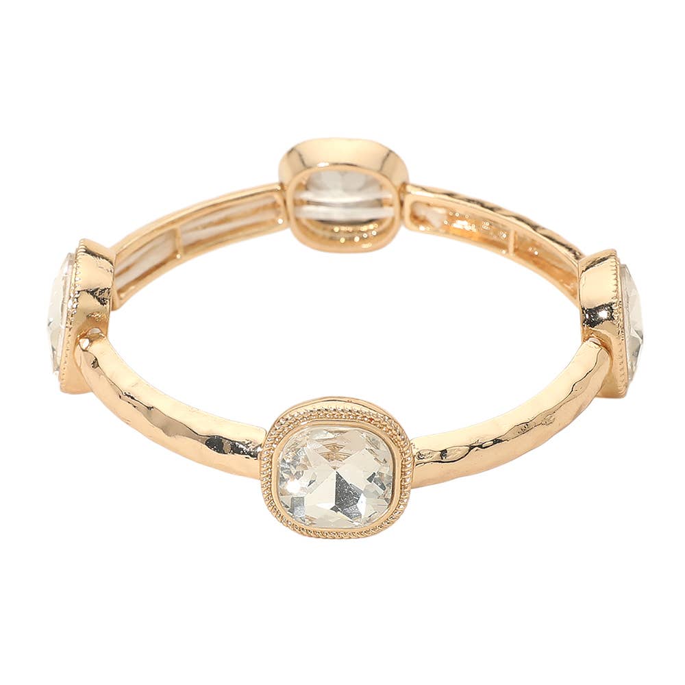 Square Stone Bezel Accent Hammered Bar Beaded Stretch Bracelet