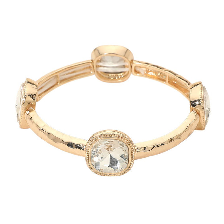 Square Stone Bezel Accent Hammered Bar Beaded Stretch Bracelet