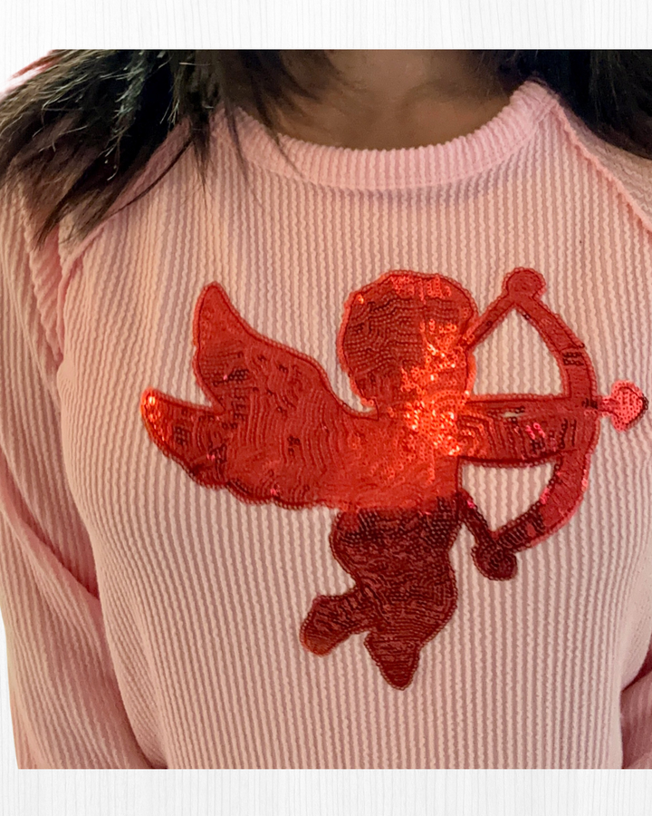 Puff Sleeve Solid Top With Cupid Sequins