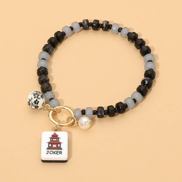 Mahjong Tile Charm Pearl Floral Bead Ball Accent Beaded Stretch Bracelet
