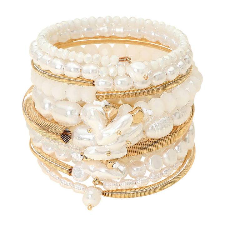 Wide Pearl Metal Beaded Adjustable Coil Bracelet