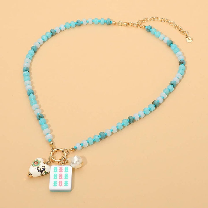 Mahjong Tile Charm Pearl Floral Bead Ball Charm Pendant Beaded Necklace