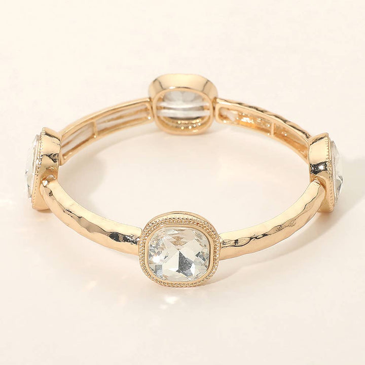 Square Stone Bezel Accent Hammered Bar Beaded Stretch Bracelet