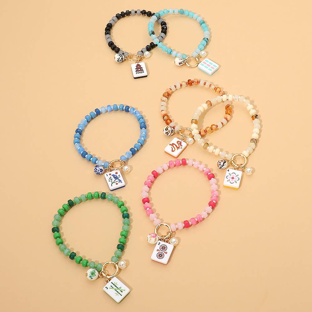 Mahjong Tile Charm Pearl Floral Bead Ball Accent Beaded Stretch Bracelet