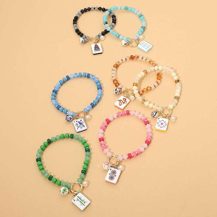 Mahjong Tile Charm Pearl Floral Bead Ball Accent Beaded Stretch Bracelet