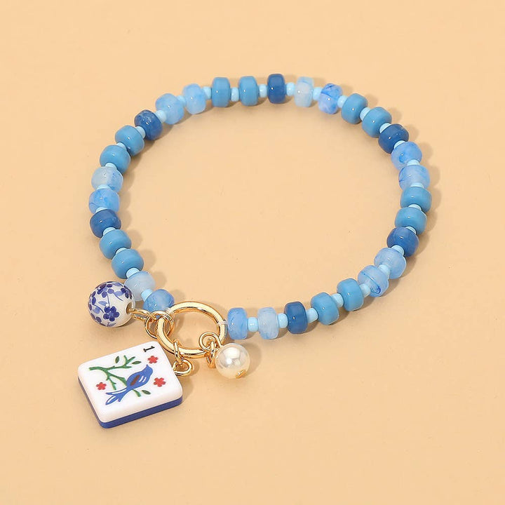 Mahjong Tile Charm Pearl Floral Bead Ball Accent Beaded Stretch Bracelet