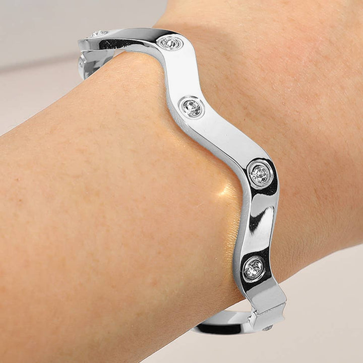 Stainless Steel Stone Paved Wavy Hinged Bangle Bracelet