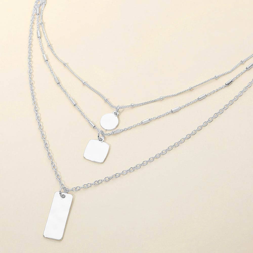 Hammered Metal Plate Pendant Layered Chain Necklace