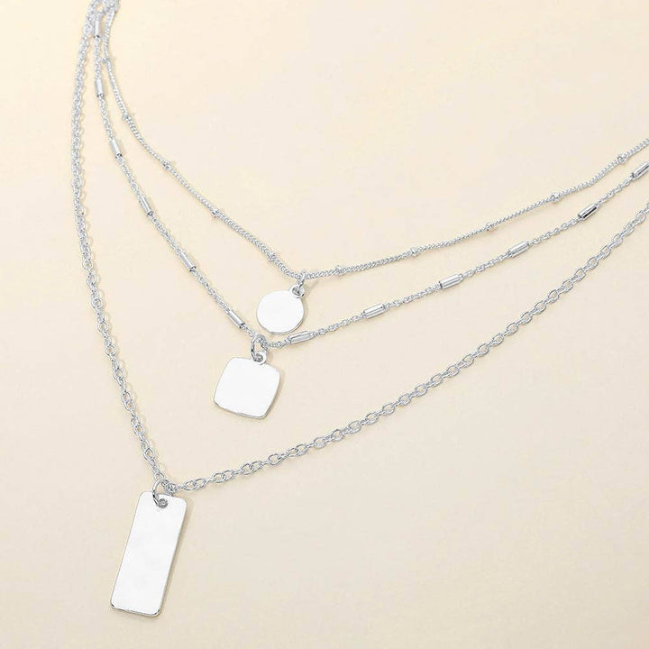 Hammered Metal Plate Pendant Layered Chain Necklace