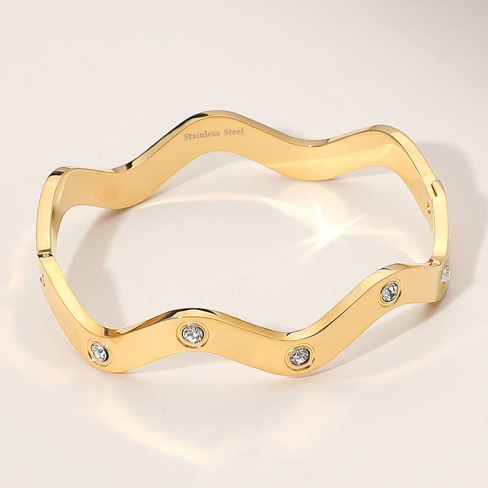 Stainless Steel Stone Paved Wavy Hinged Bangle Bracelet