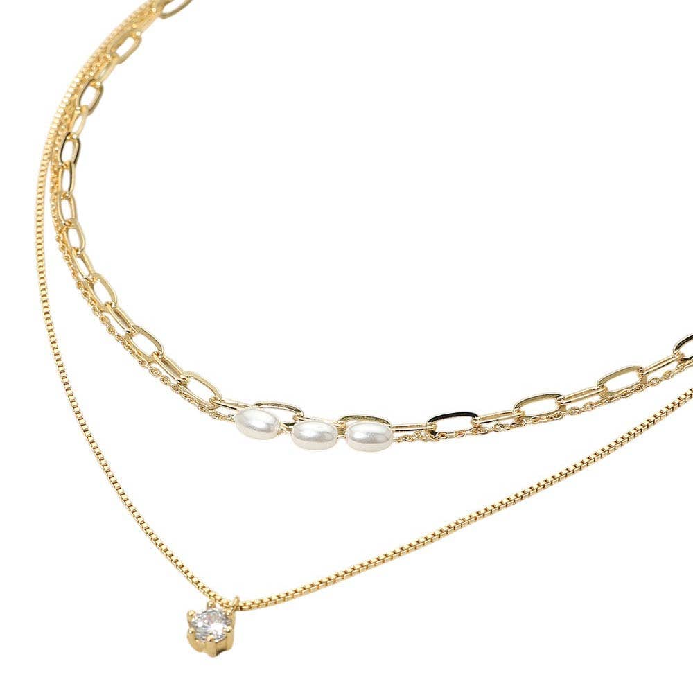 Stone Cluster Pendant Accent Pearl Beaded Paperclip Chain Layered Necklace