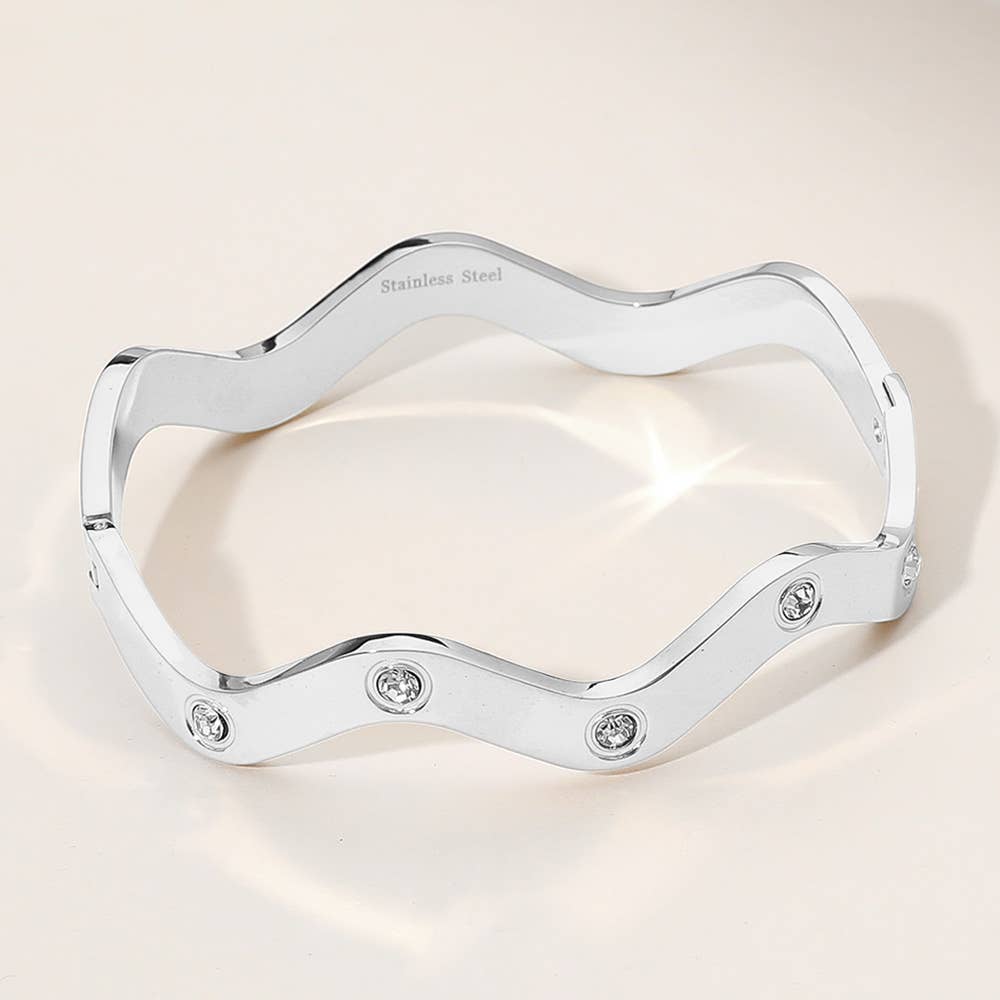 Stainless Steel Stone Paved Wavy Hinged Bangle Bracelet