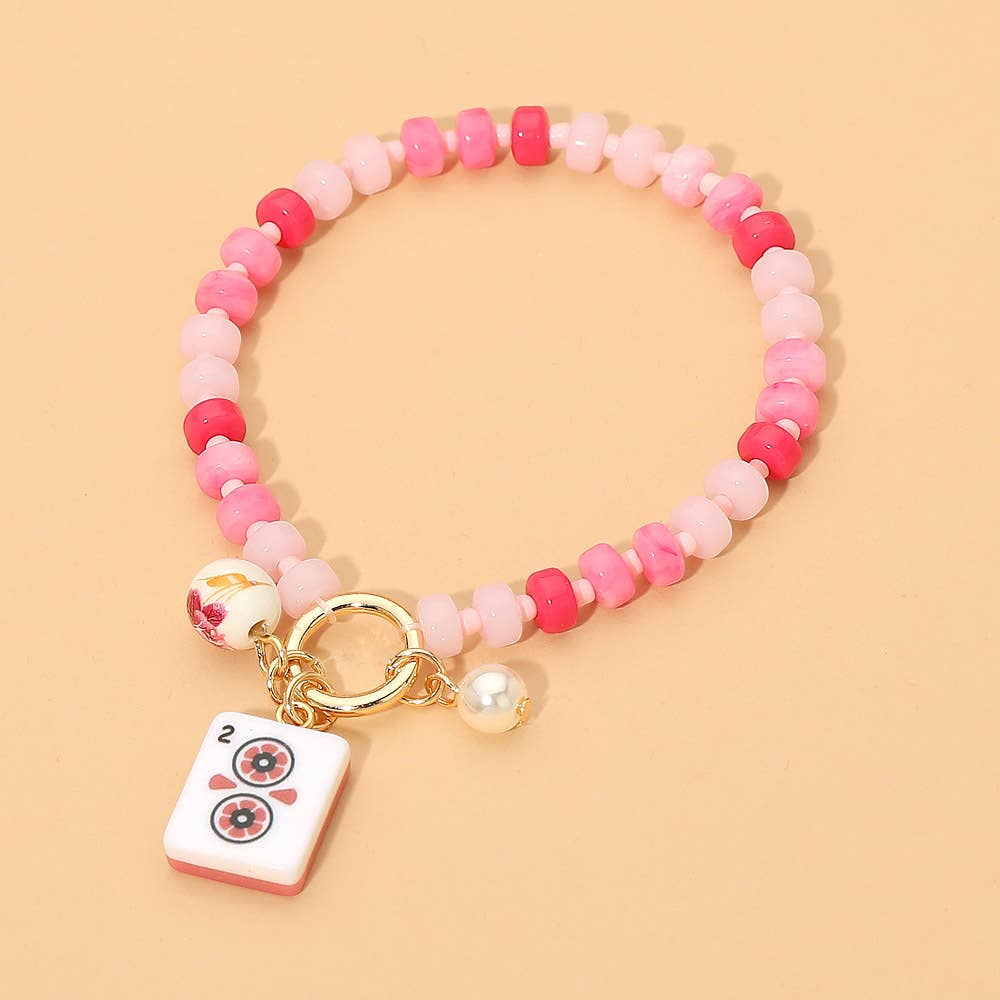 Mahjong Tile Charm Pearl Floral Bead Ball Accent Beaded Stretch Bracelet