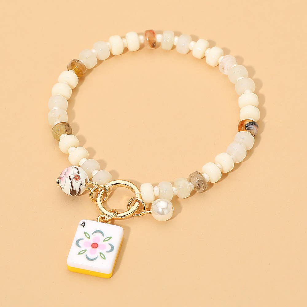 Mahjong Tile Charm Pearl Floral Bead Ball Accent Beaded Stretch Bracelet