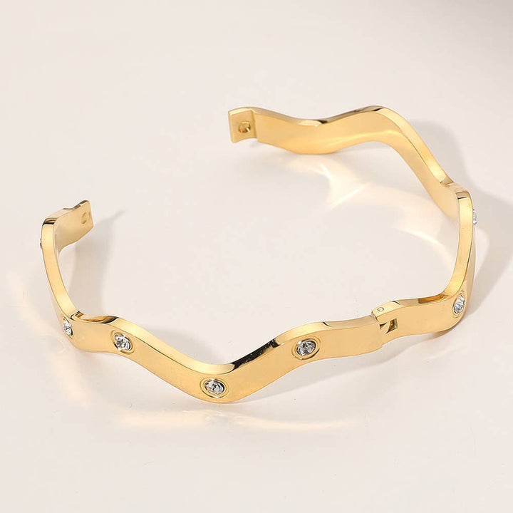 Stainless Steel Stone Paved Wavy Hinged Bangle Bracelet