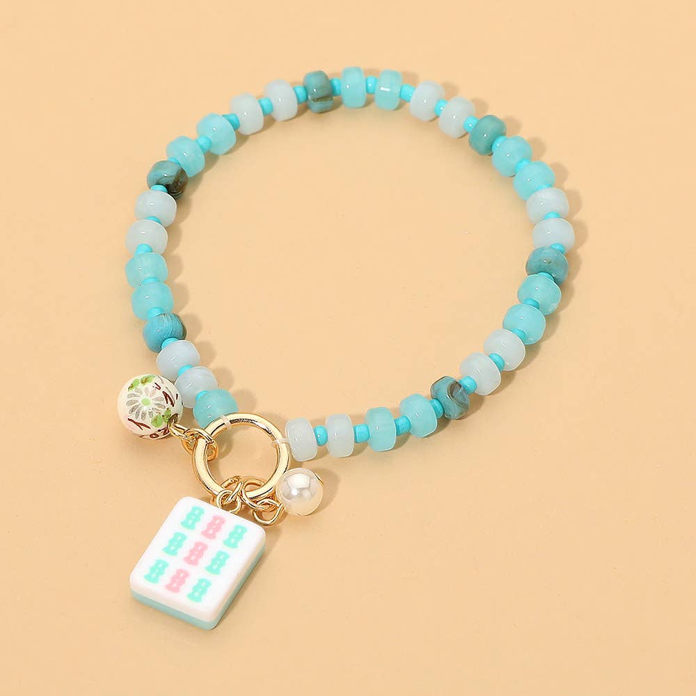 Mahjong Tile Charm Pearl Floral Bead Ball Accent Beaded Stretch Bracelet