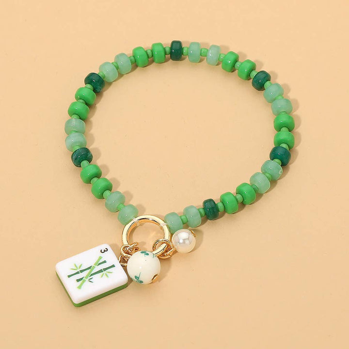 Mahjong Tile Charm Pearl Floral Bead Ball Accent Beaded Stretch Bracelet