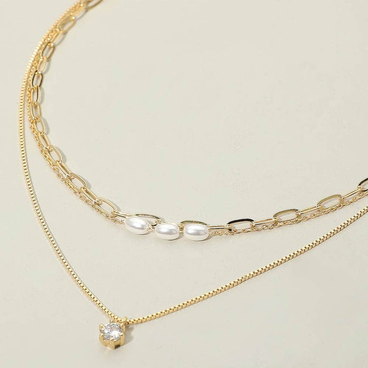 Stone Cluster Pendant Accent Pearl Beaded Paperclip Chain Layered Necklace