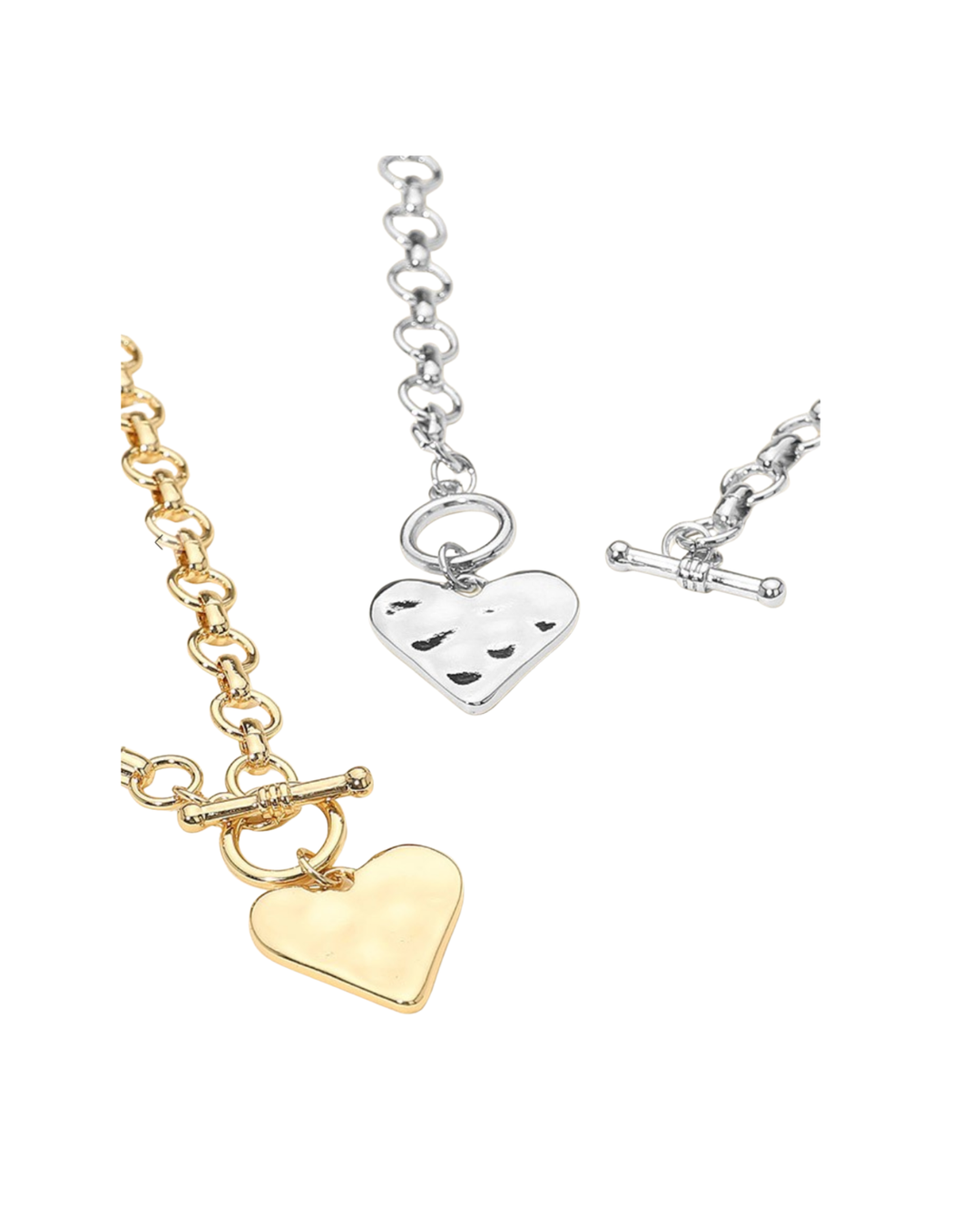 Hammered Metal Heart Chunky Chain Toggle Necklace