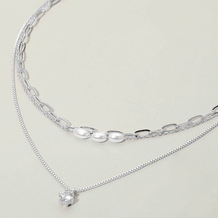 Stone Cluster Pendant Accent Pearl Beaded Paperclip Chain Layered Necklace