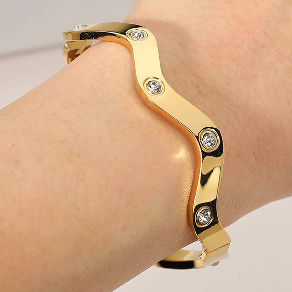 Stainless Steel Stone Paved Wavy Hinged Bangle Bracelet
