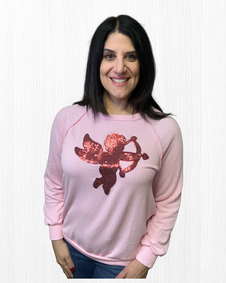 Puff Sleeve Solid Top With Cupid Sequins