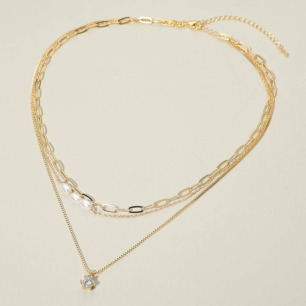 Stone Cluster Pendant Accent Pearl Beaded Paperclip Chain Layered Necklace