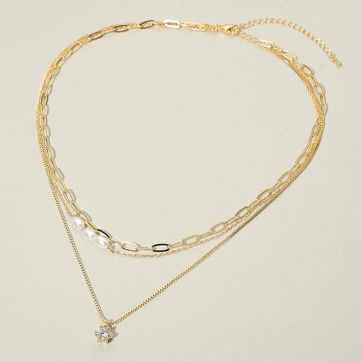 Stone Cluster Pendant Accent Pearl Beaded Paperclip Chain Layered Necklace