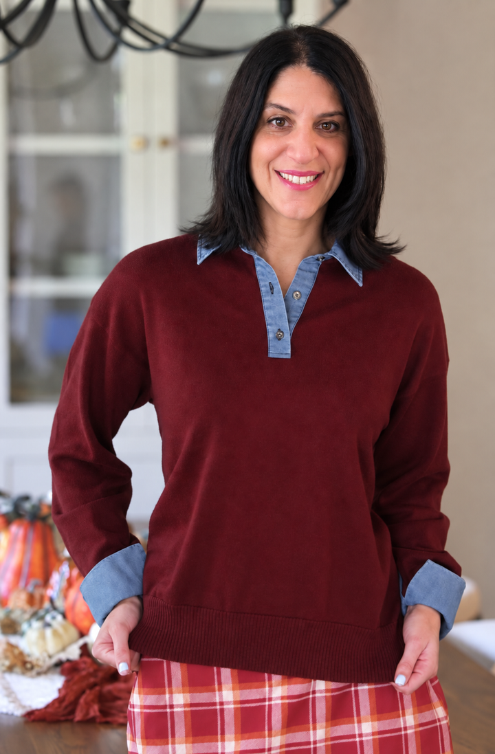 PREORDER- Denim Trim Knit Sweater- Burgundy