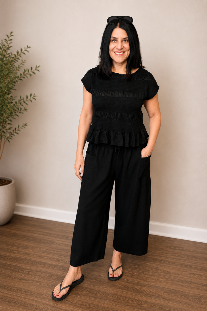 Davi & Dani Ruffle Cap Sleeve Top and Waistband Pants Set