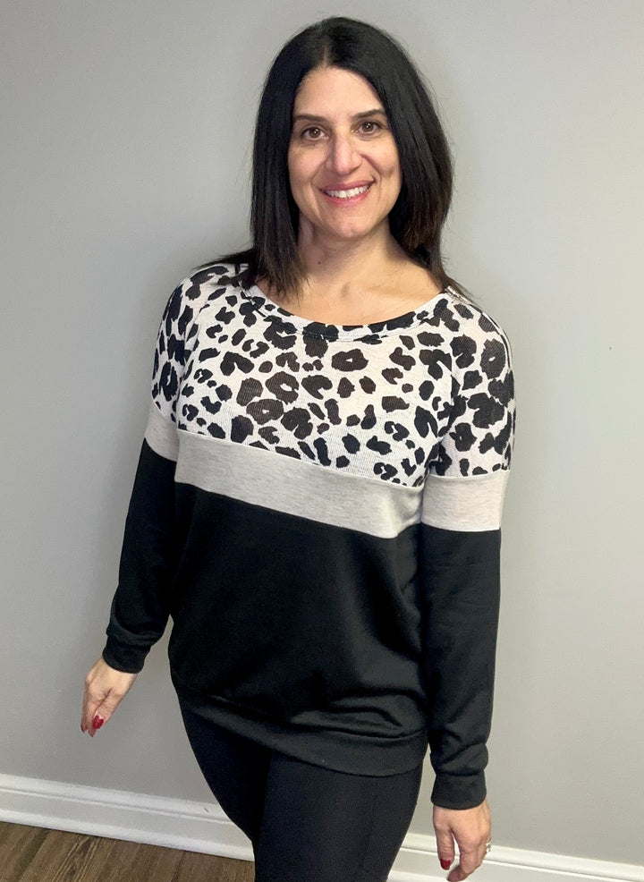 Wild Grey Leopard Color Block Pull Over Sweatshirt