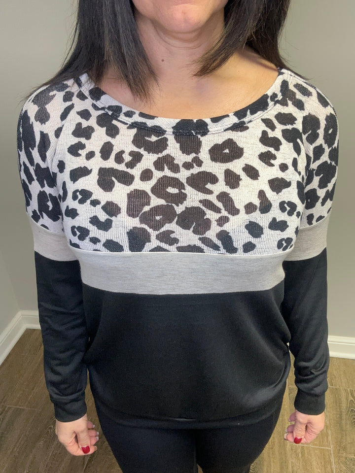 Wild Grey Leopard Color Block Pull Over Sweatshirt