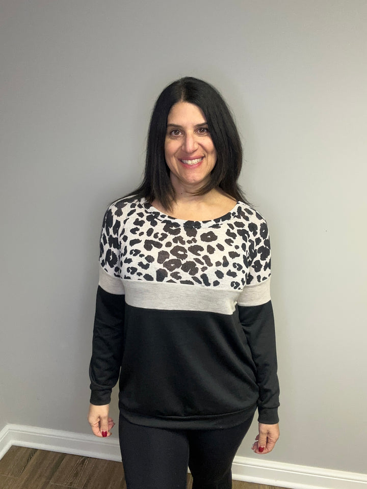 Wild Grey Leopard Color Block Pull Over Sweatshirt