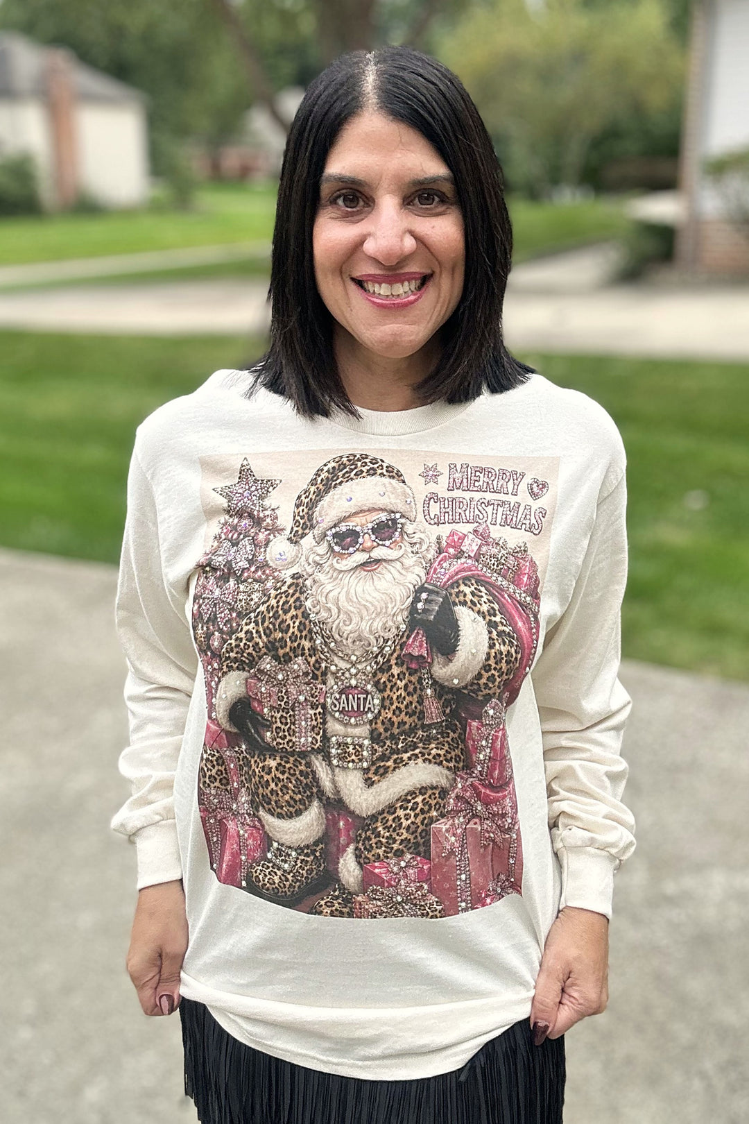 Leopard Glam Santa Merry Christmas Long Sleeve Tee