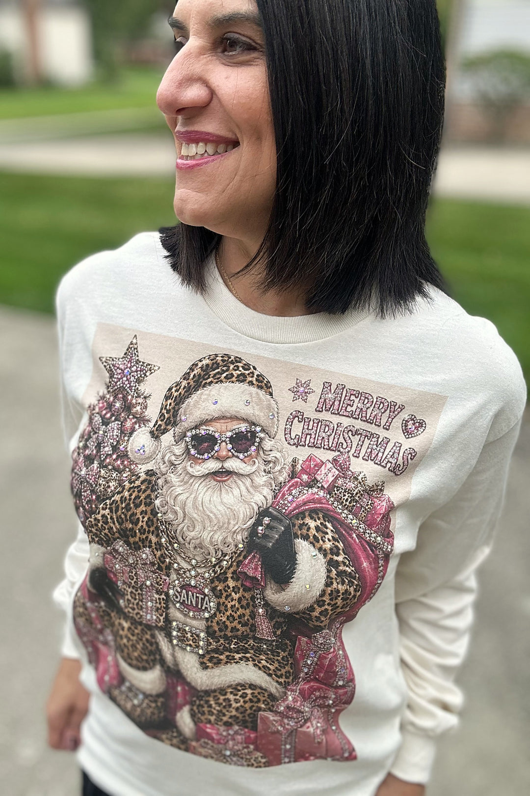 Leopard Glam Santa Merry Christmas Long Sleeve Tee