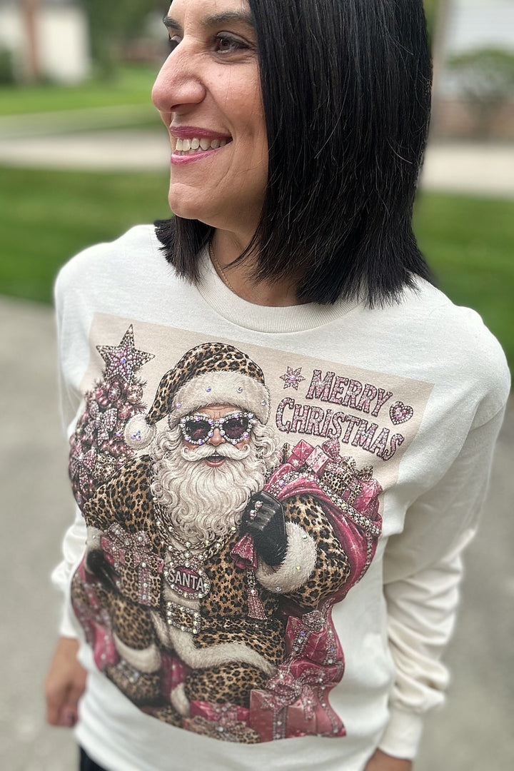 Leopard Glam Santa Merry Christmas Long Sleeve Tee