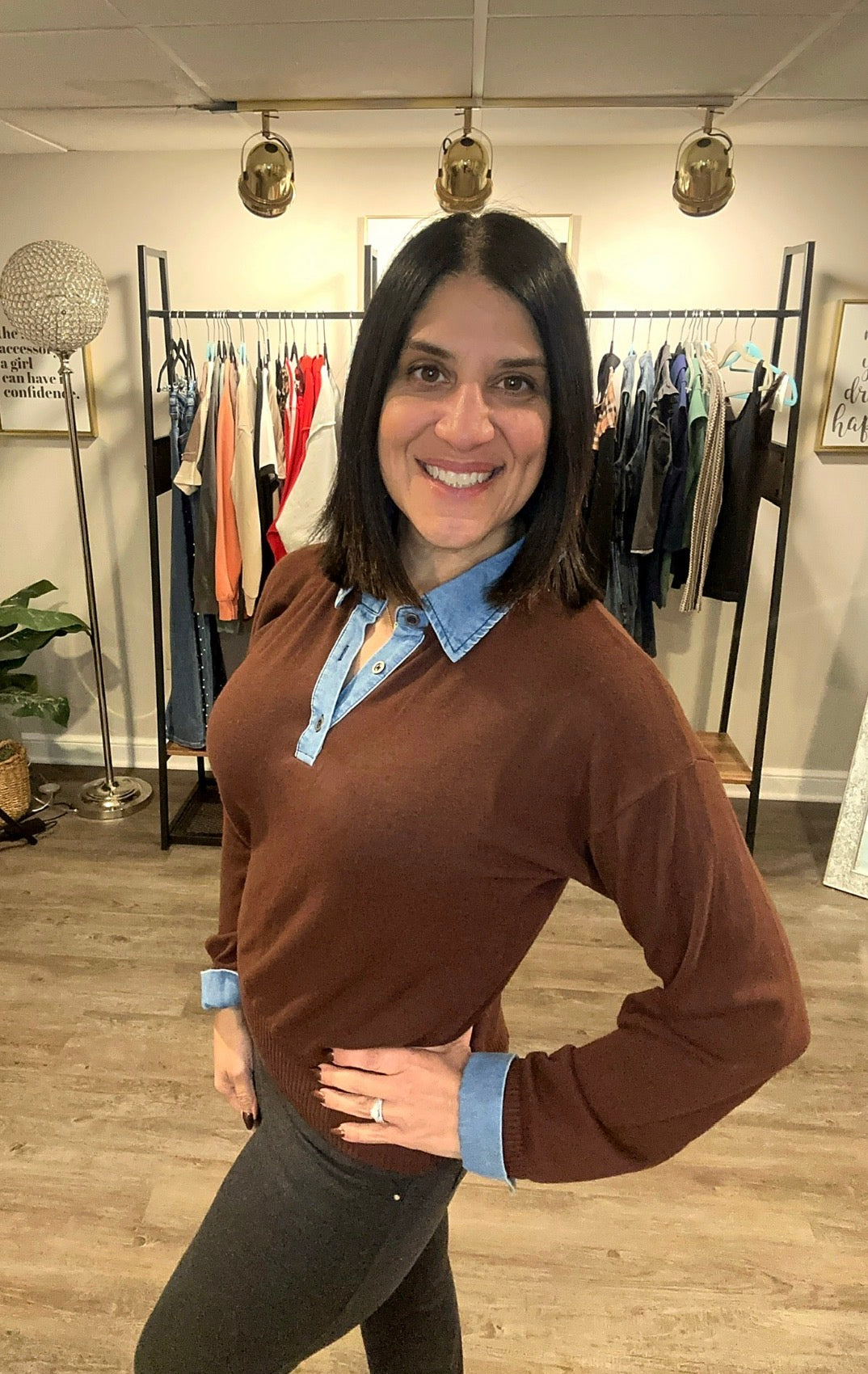Denim Trim Knit Sweater- Chocolate