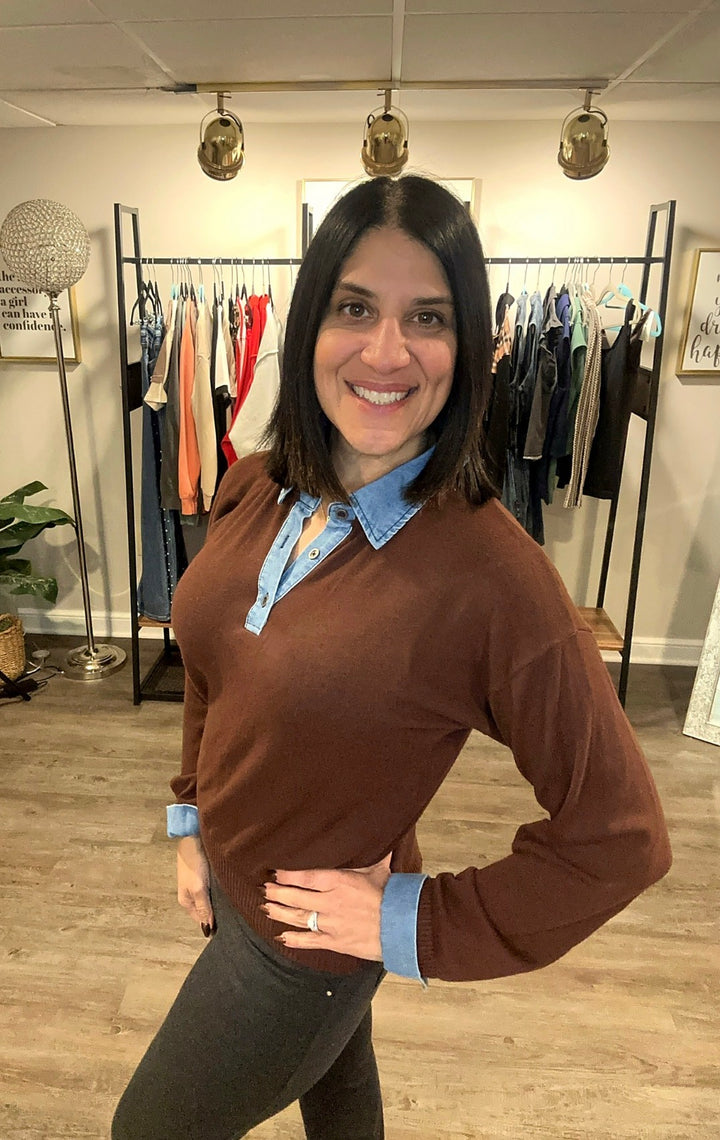 Denim Trim Knit Sweater- Chocolate