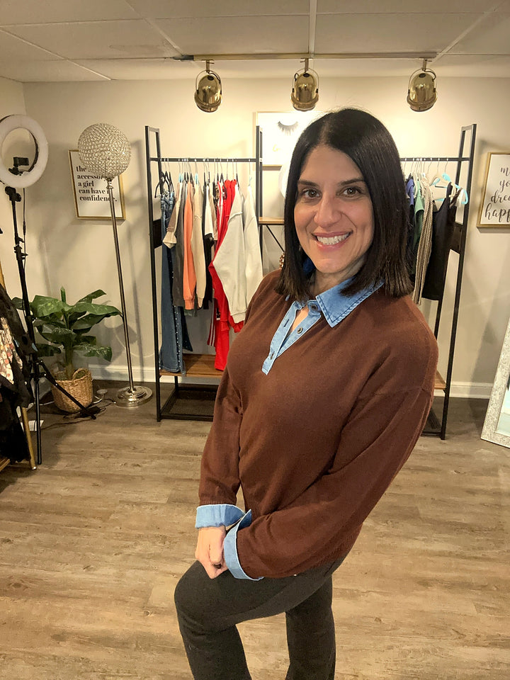 Denim Trim Knit Sweater- Chocolate