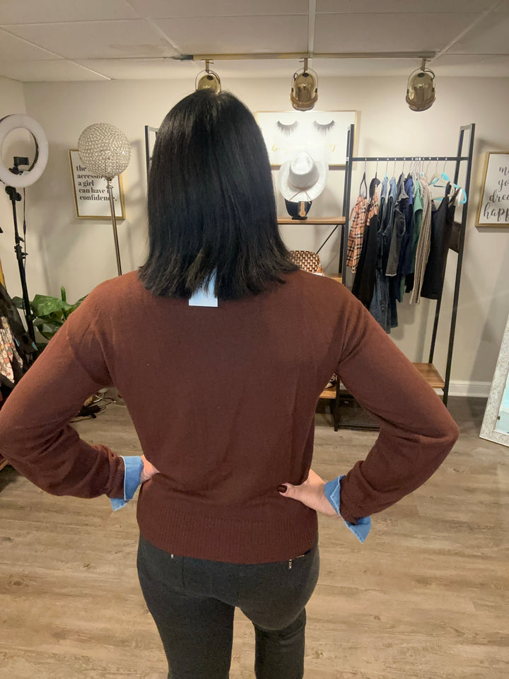 Denim Trim Knit Sweater- Chocolate