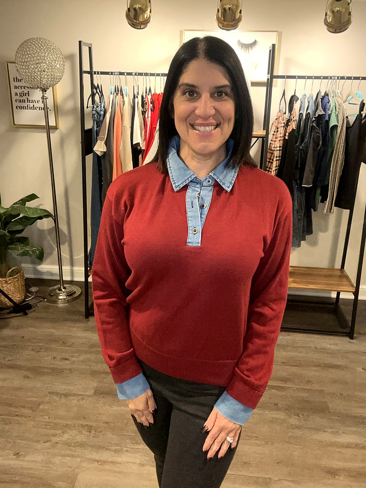 Denim Trim Knit Sweater- Burgundy