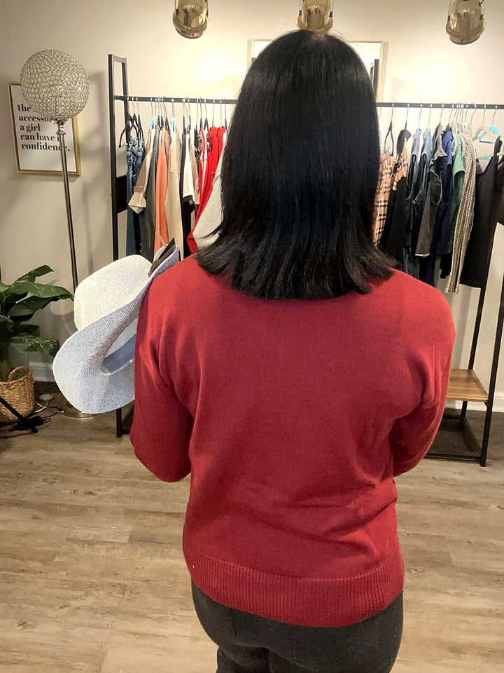 Denim Trim Knit Sweater- Burgundy