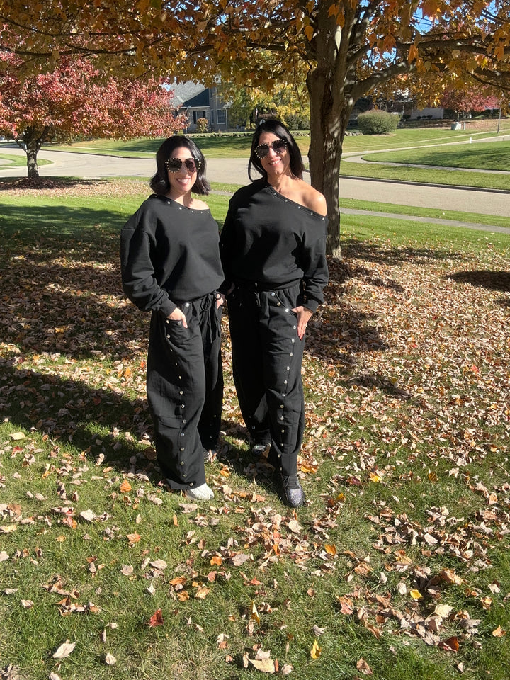 One Shoulder Top and Grommet Barrel Pants Set