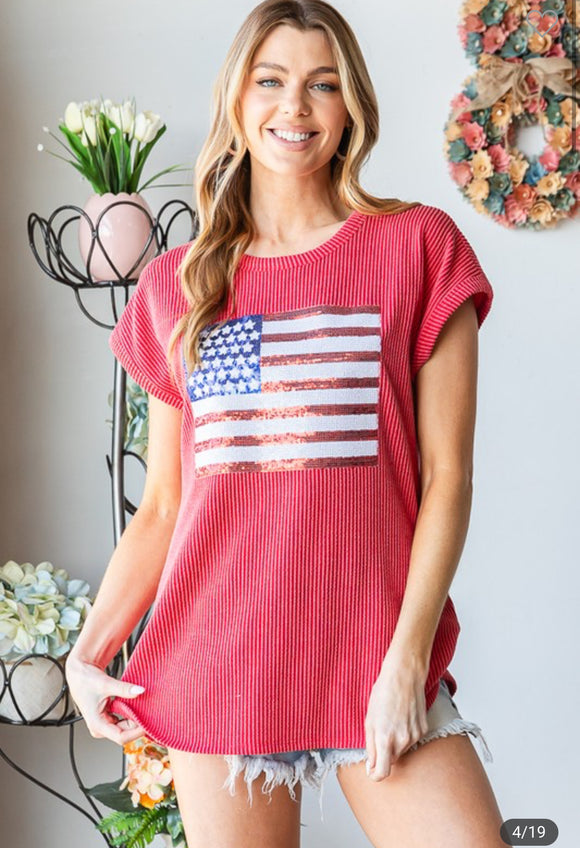 Proud to be an American Ribbed Sequin Top