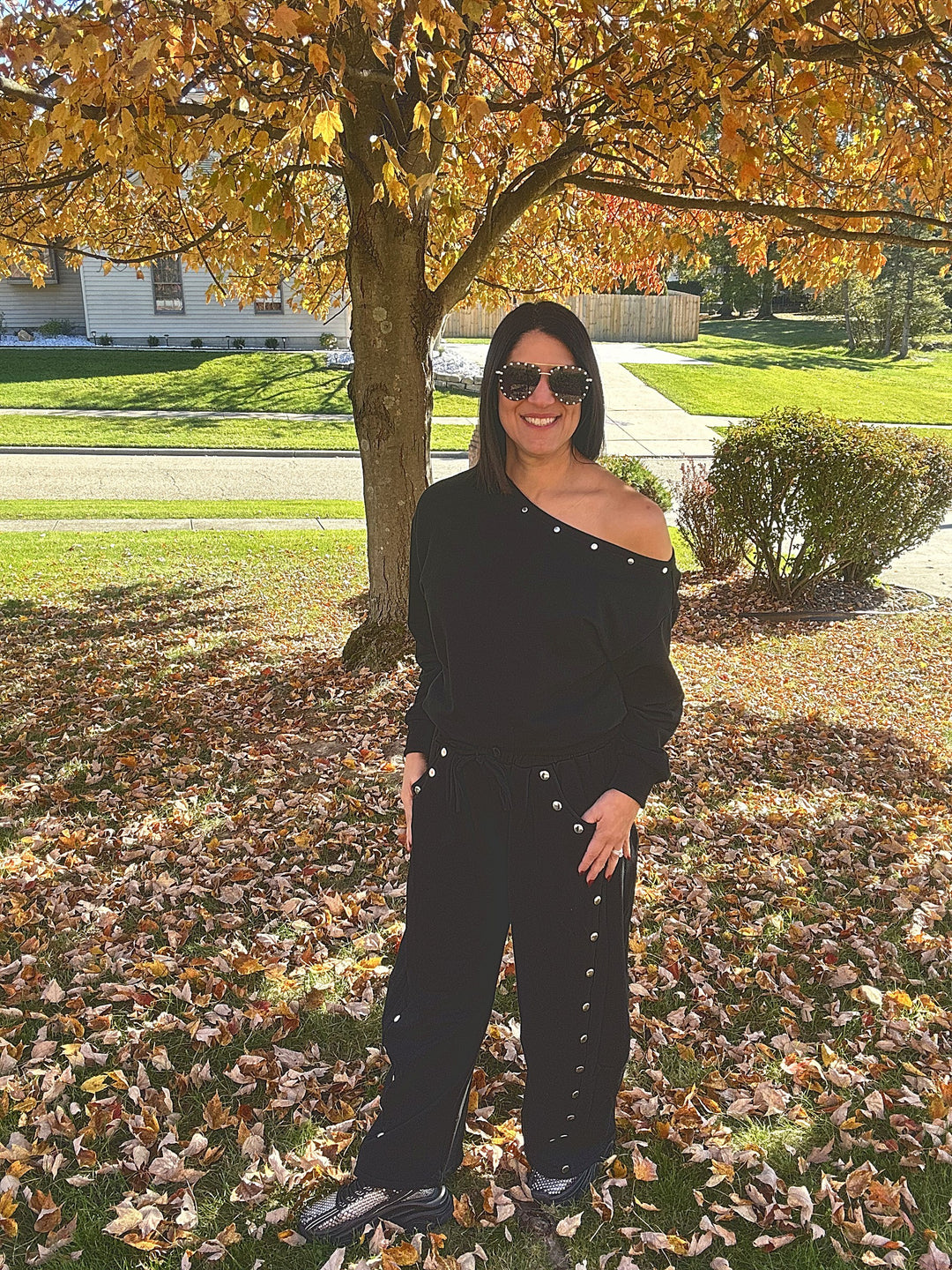 One Shoulder Top and Grommet Barrel Pants Set