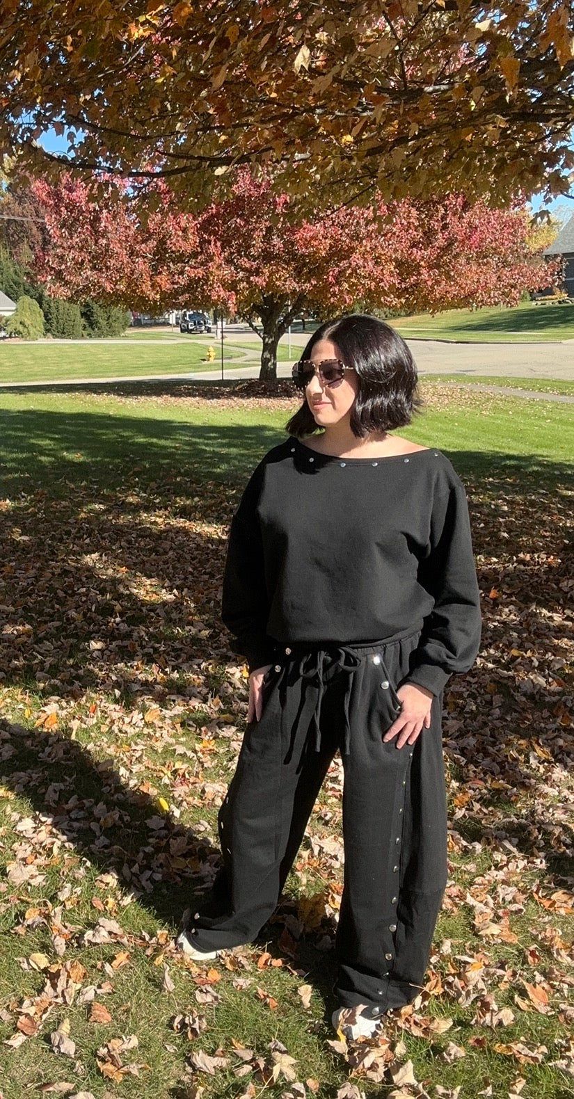 One Shoulder Top and Grommet Barrel Pants Set