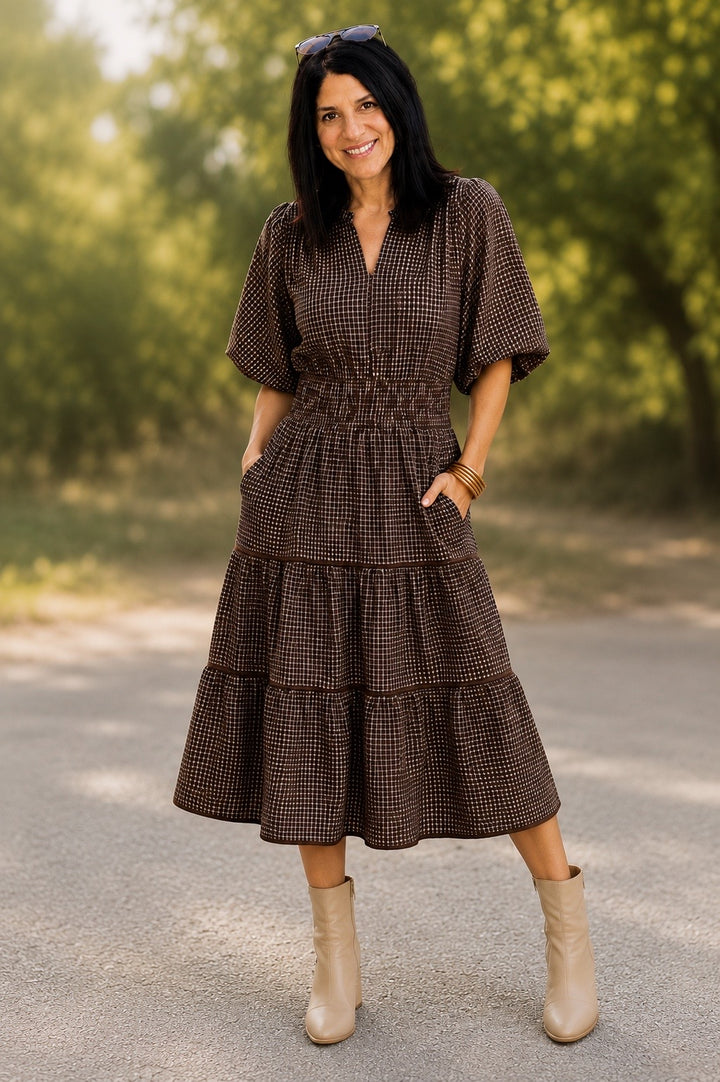 Umgee Paid Smocked Waist Tiered Midi Dress