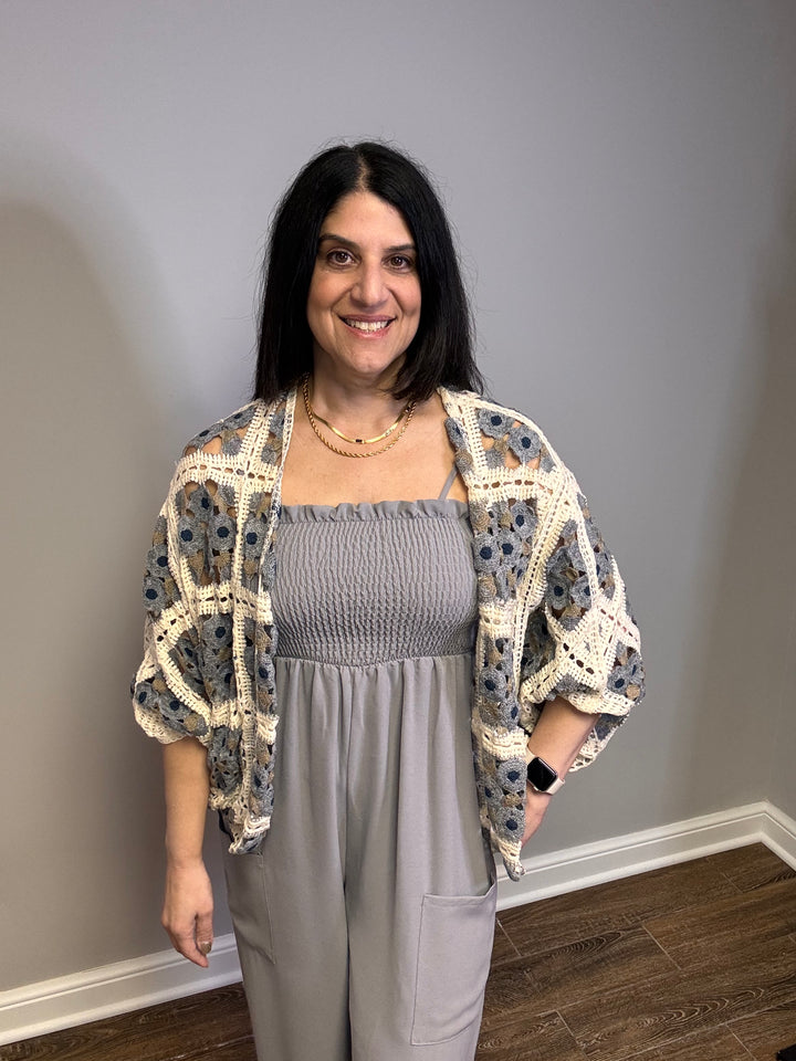 POL Dolman Sleeve Varied Pattern Crochet Open Cardigan