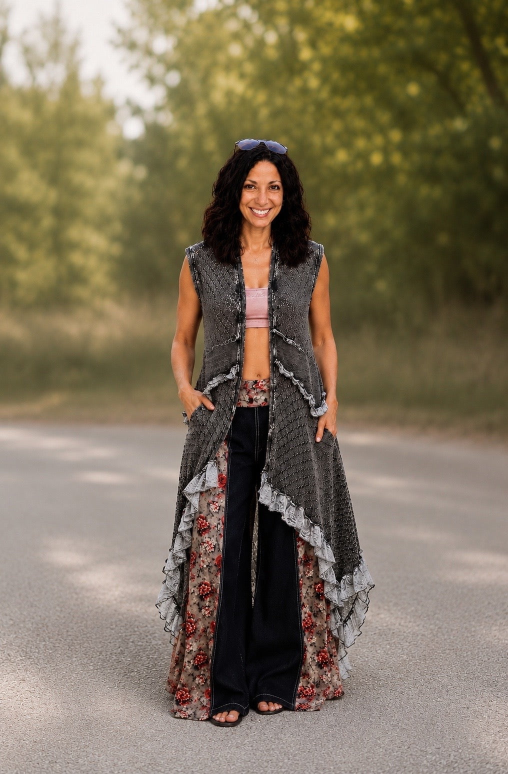 POL Vintage Wash Ruffled Crochet Vest Cardigan