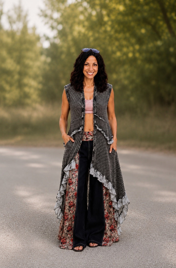 POL Vintage Wash Ruffled Crochet Vest Cardigan